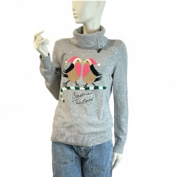 Sweaters - Talbots Season's Tweetings bird Zipper Cowl Christmas Lambswool Sweater